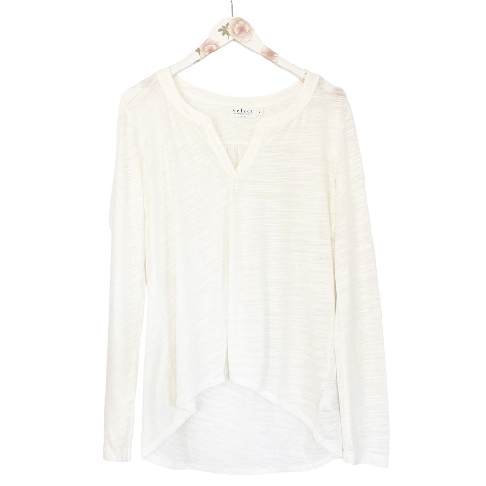 VELVET by Graham & Spencer Women’s Top Blouse Split V-neck Knit Slub white S NWT